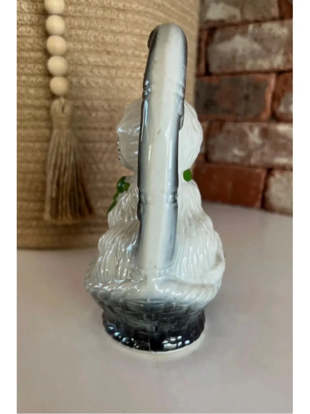 Vintage 1950’s Japan White Ceramic Cat Figurine with Green Bow and Silver Handle